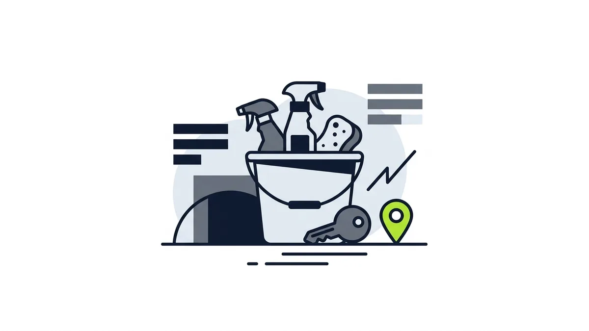 Balde com spray, esponja e uma chave de casa, ao lado de um marcador de mapa verde