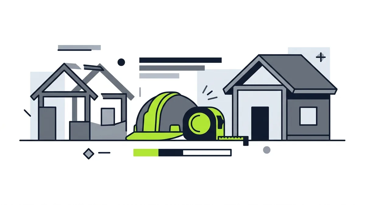 Capacete, fita métrica e duas casas simples, uma em obra e outra pronta