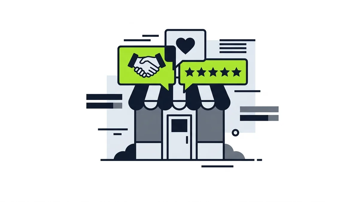 A small shop front with speech bubbles holding a handshake, a heart and five stars