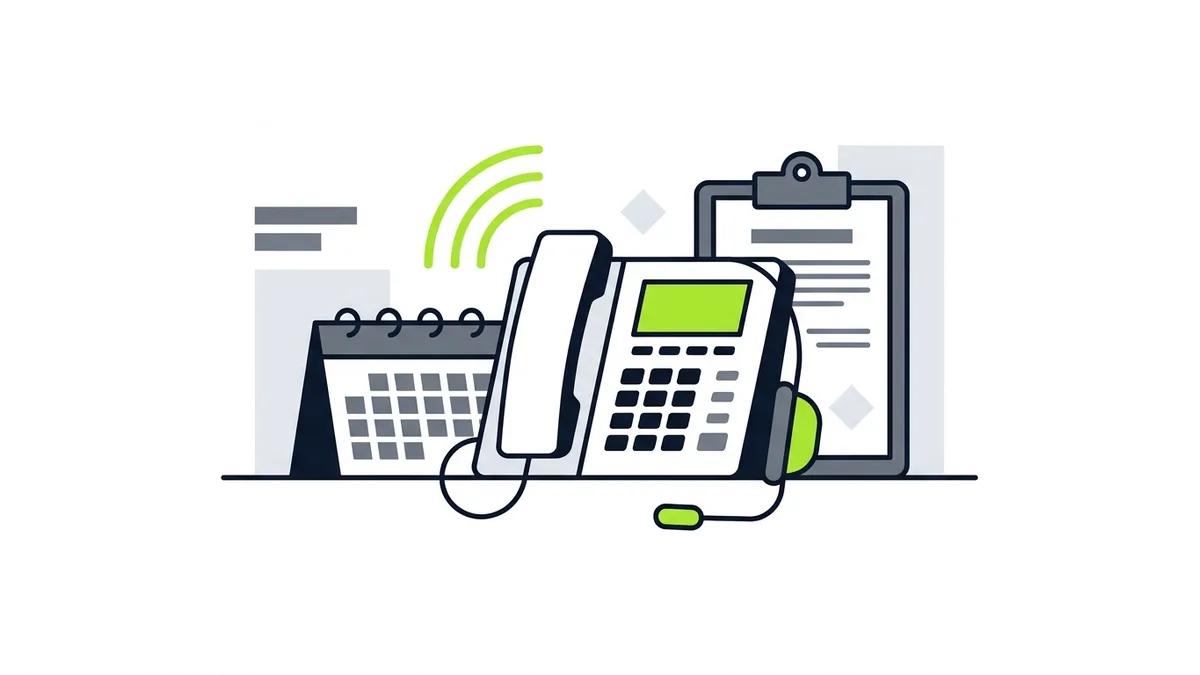A desk phone with a headset beside a calendar and a clipboard, with green sound waves rising from the phone