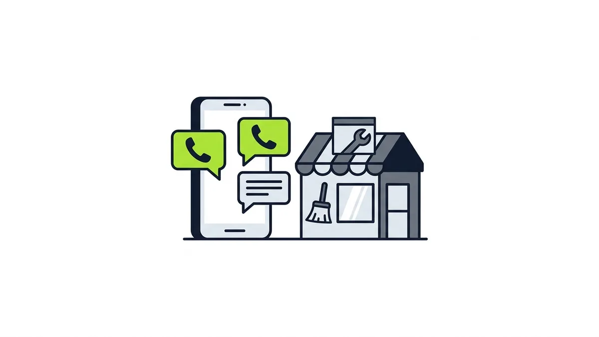 Ilustração de um celular enviando balões de ligação e de mensagem para a fachada de um negócio local de serviços, com os balões de contato em verde