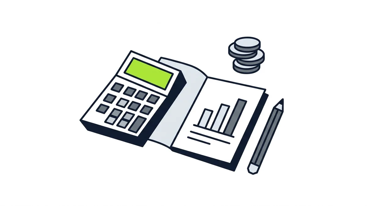 Ilustração de uma mesa com calculadora de visor verde, caderno com gráfico de barras simples, pilha de moedas e lápis