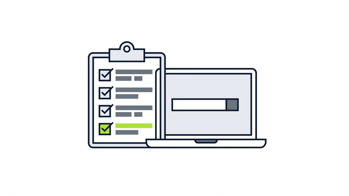 Ilustração de uma prancheta com lista de verificação de quatro itens, o último marcado em verde, ao lado de um notebook com uma barra de busca vazia