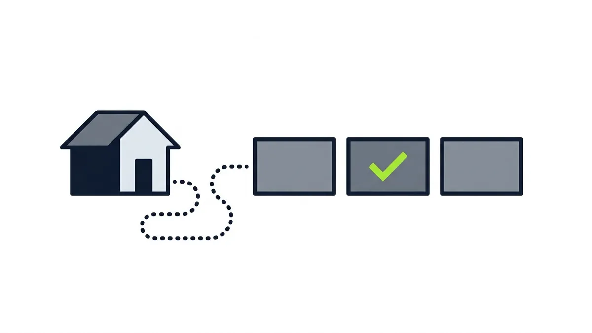 Illustration of a house, a dotted path and three blank quote sheets, one marked with a green checkmark