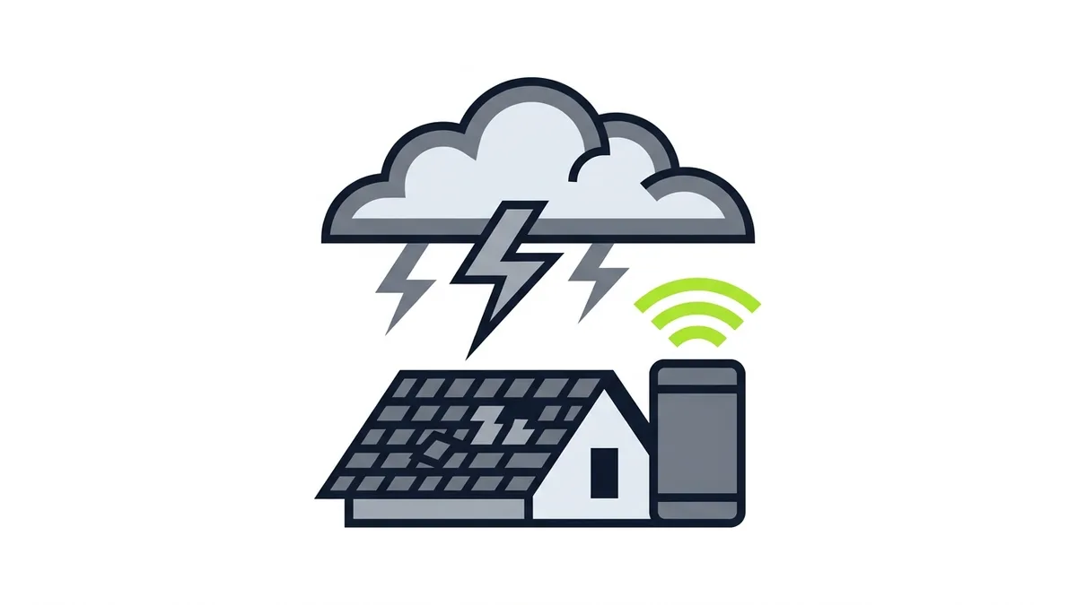 Illustration of a storm cloud with lightning over a house with missing shingles and a phone beside it