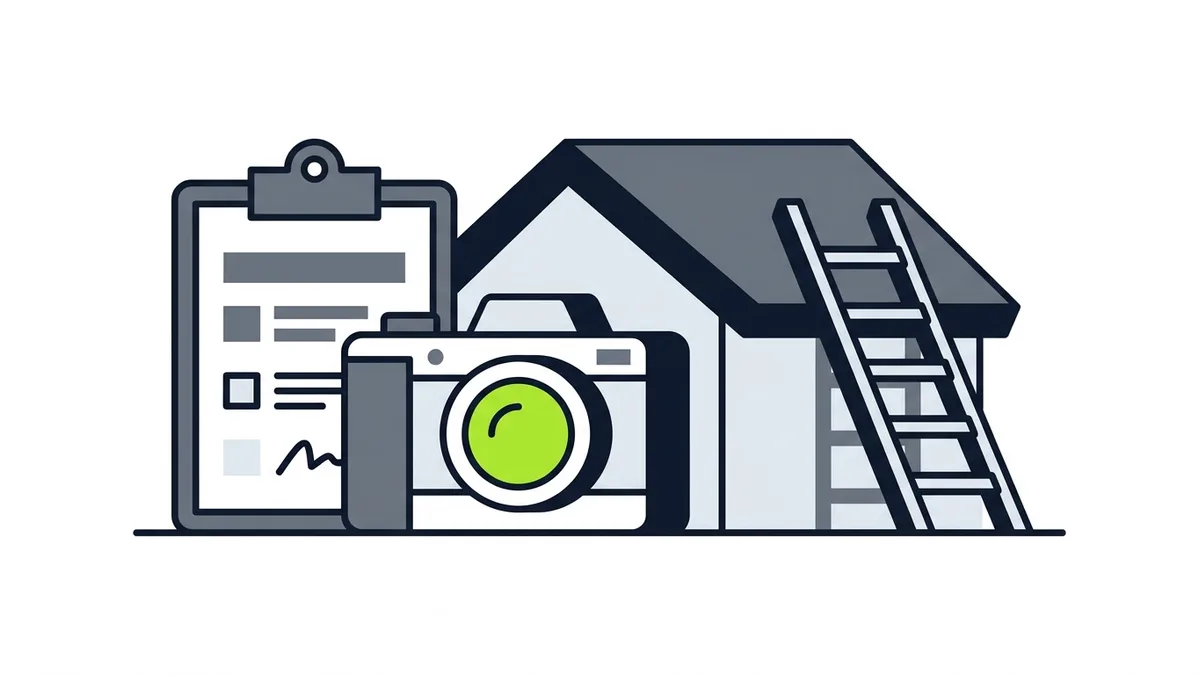 Illustration of a camera, a clipboard and a ladder leaning against a roof