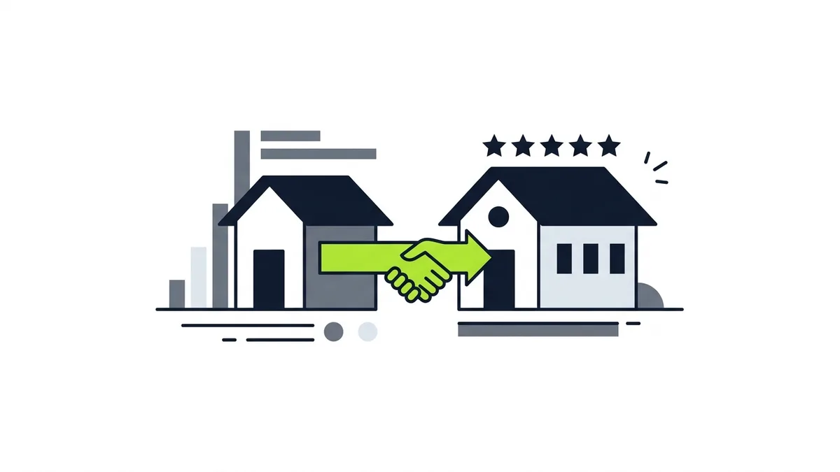 Illustration of two houses linked by a green handshake arrow with five stars above a finished roof