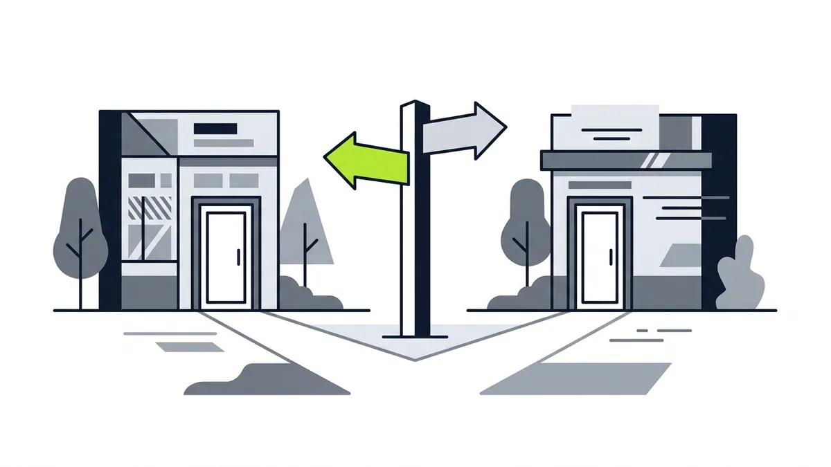 Ilustração de uma placa de direção entre duas lojas, com uma das setas em verde