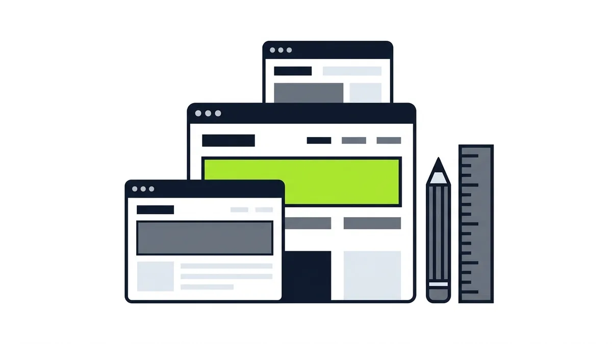 Illustration of three browser windows of different sizes stacked like building blocks, next to a pencil and a ruler