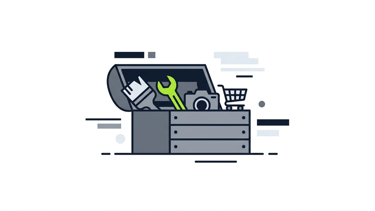 Illustration of an open grey toolbox holding a paintbrush, a green wrench, a camera and a shopping cart