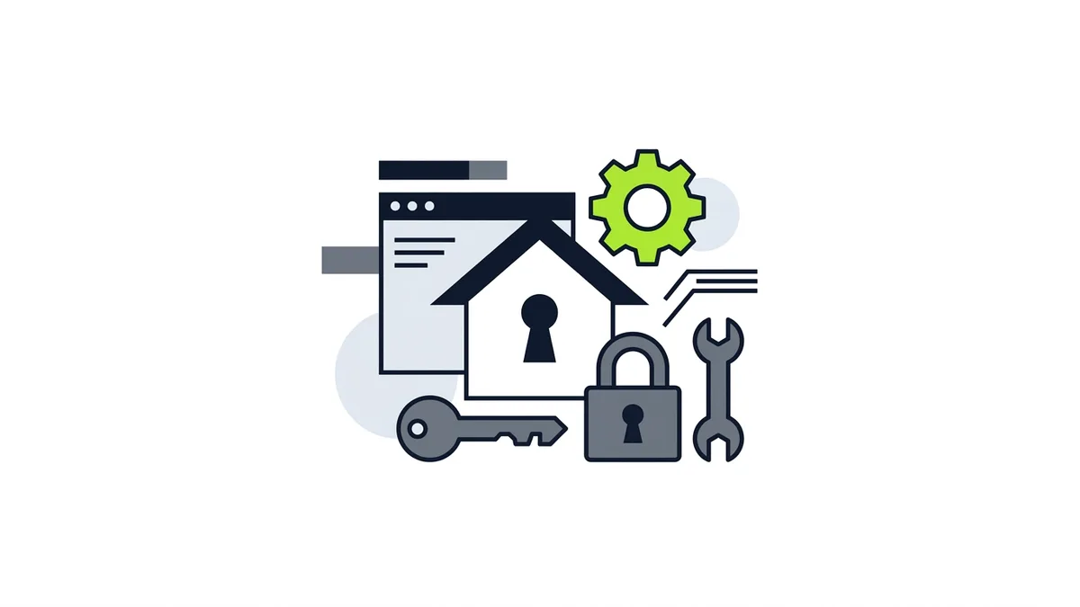 Illustration of a house-shaped website icon with a key, a padlock, a wrench and a green gear