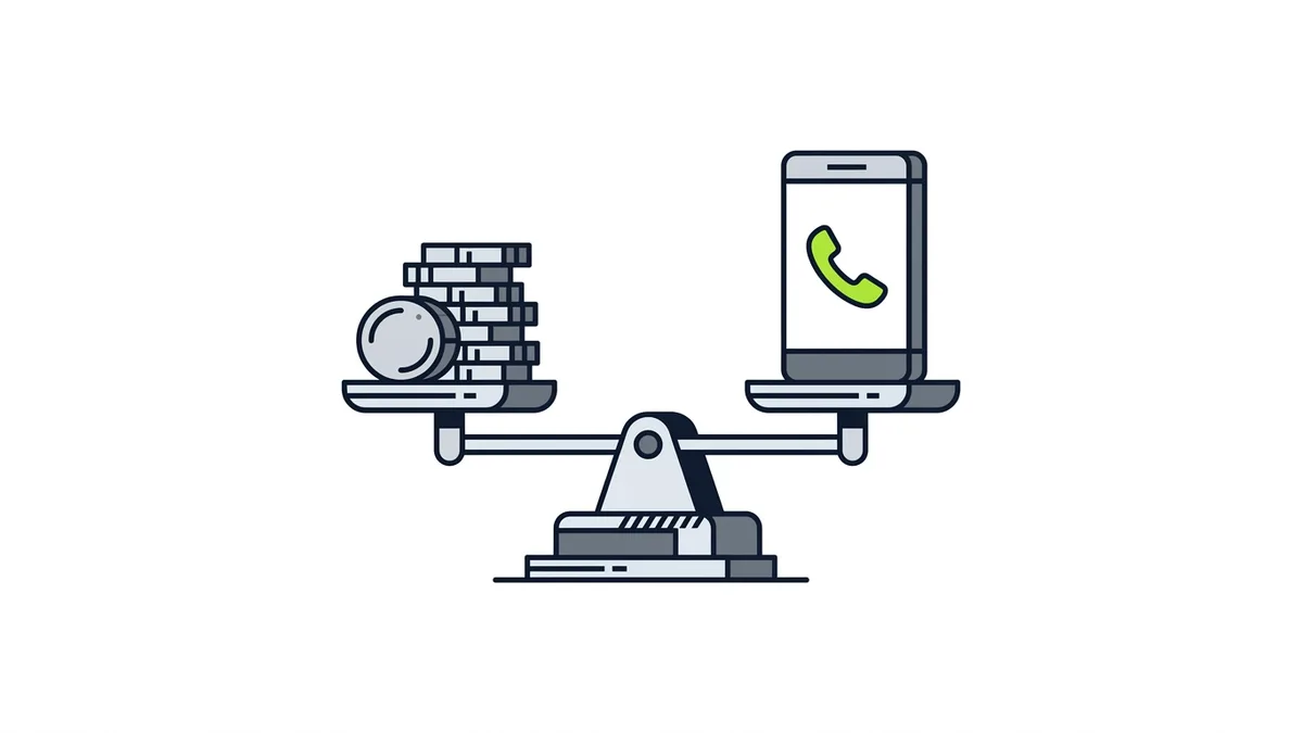 Illustration of a balance scale with a stack of coins on one side and a smartphone with a green phone icon on the other