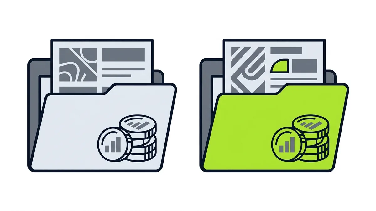 Two separate folders, one gray and one green, each holding its own page and a stack of coins