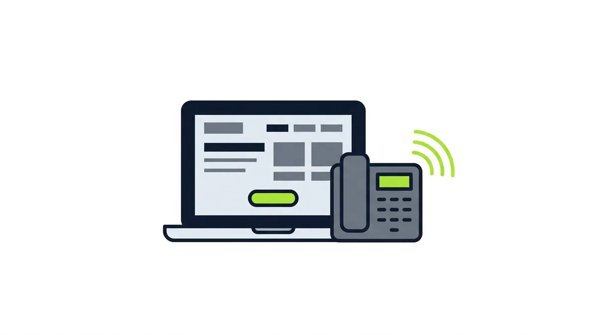 A laptop showing a simple page layout with a green button, beside a desk phone with green sound waves