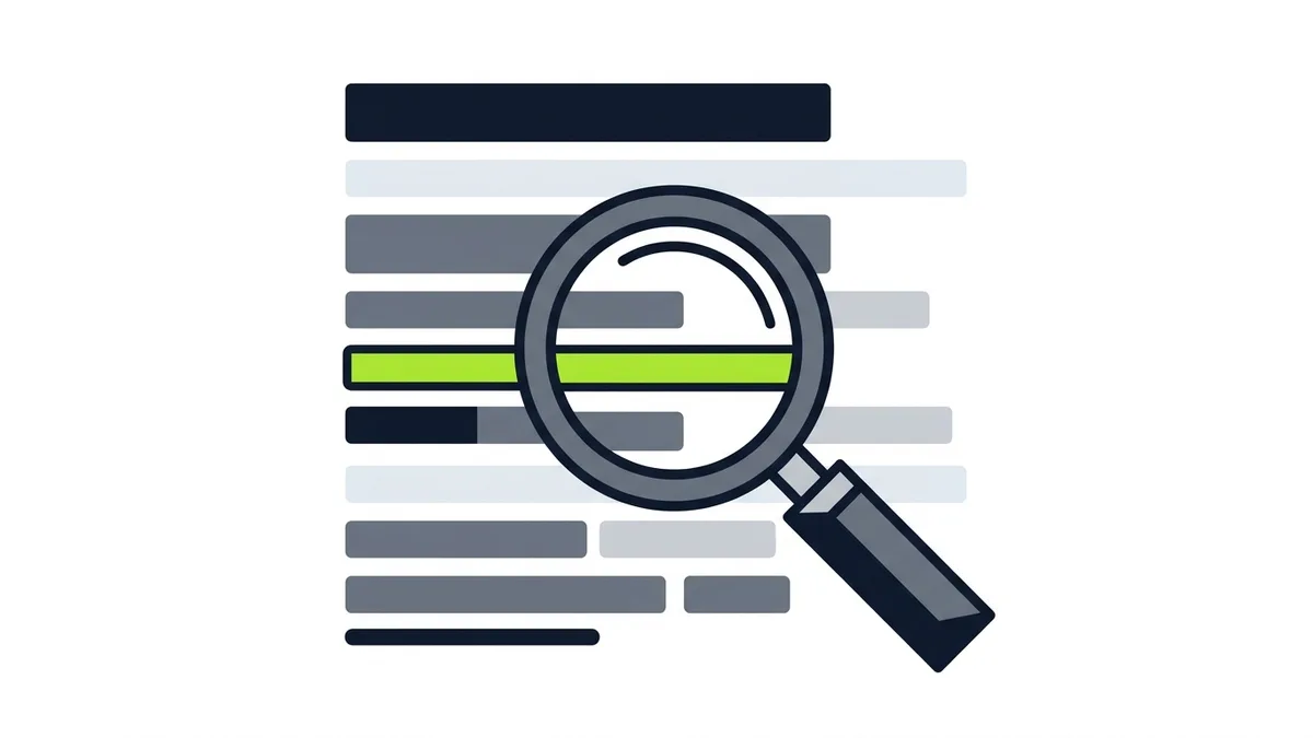 A magnifying glass over a list of blank lines, with one line highlighted in green