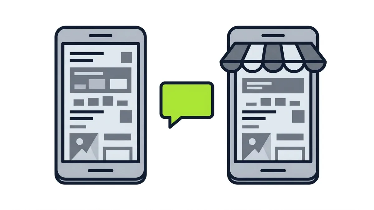 Dois celulares lado a lado, um comum e outro com um toldo de loja no topo, com um balão de conversa verde entre eles