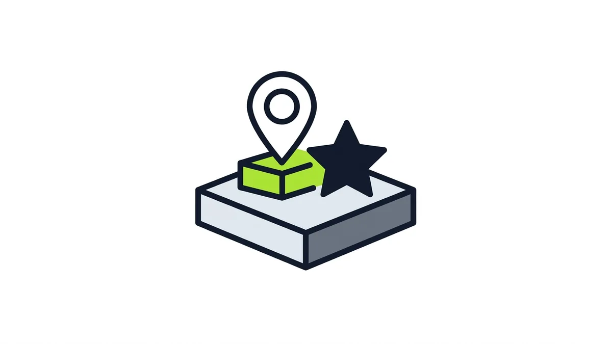 A sturdy gray foundation slab with a small green block, a map pin and a star resting on top