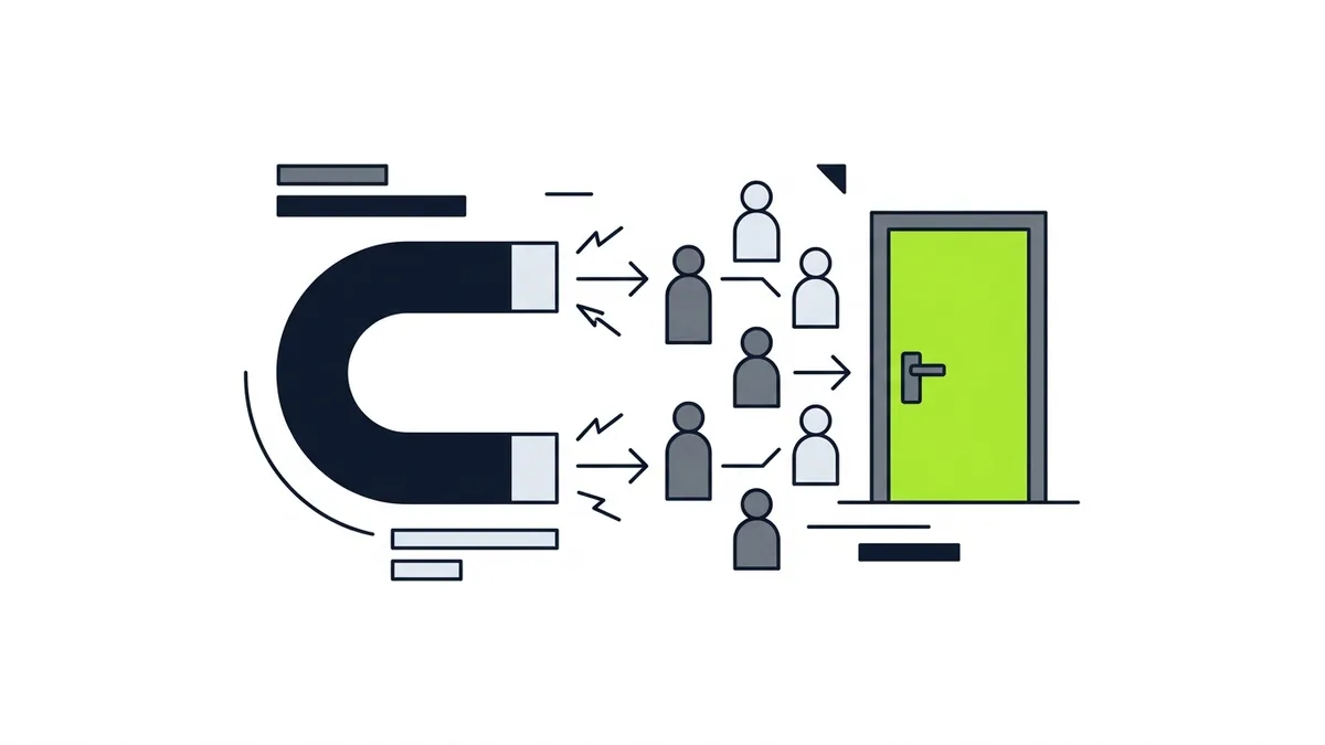 A graphite magnet pulling a few gray people-shaped pegs toward a green door
