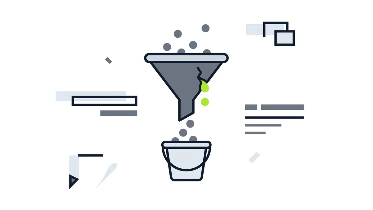 A gray funnel pouring gray dots into a small bucket, one green dot leaking from a crack