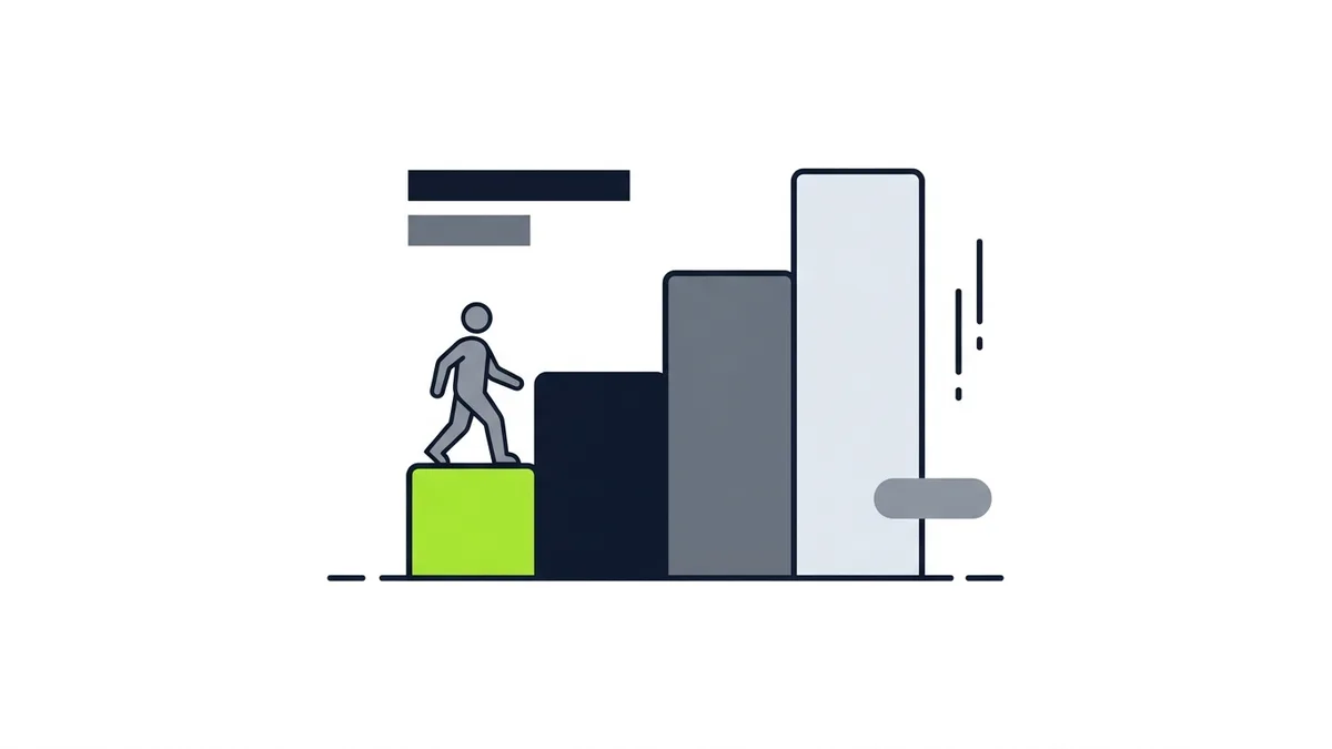 A small gray figure stepping from a green block onto taller blocks, like climbing stairs